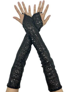 Black Sequin Fingerless Opera Gloves – Long Sparkly Evening Gloves for Women